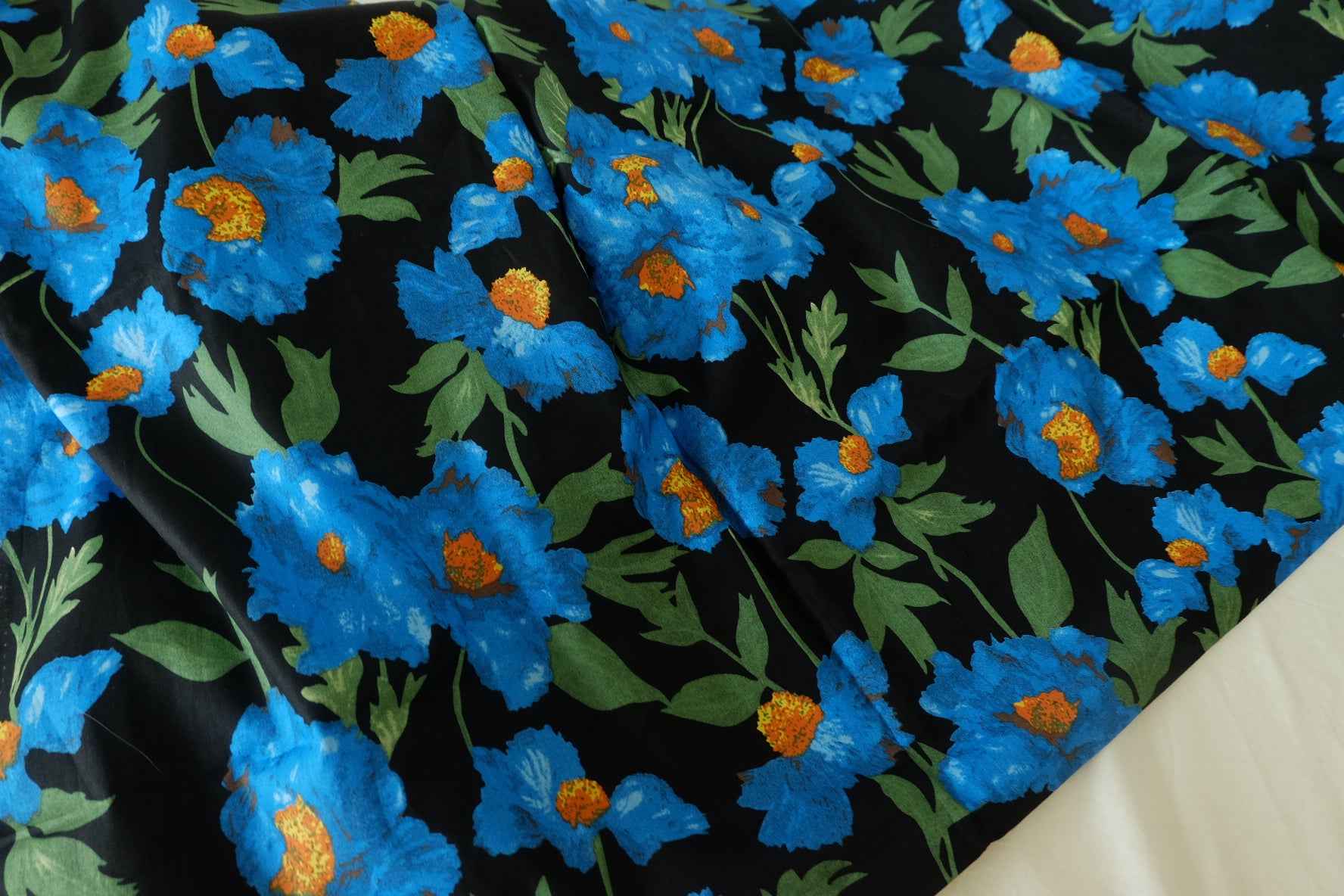 Blue Poppy Floral Cotton Fabric – 3.3 yd