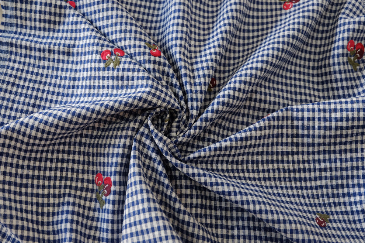 Cherry Embroidered Gingham Linen Cotton – 2.2 yd