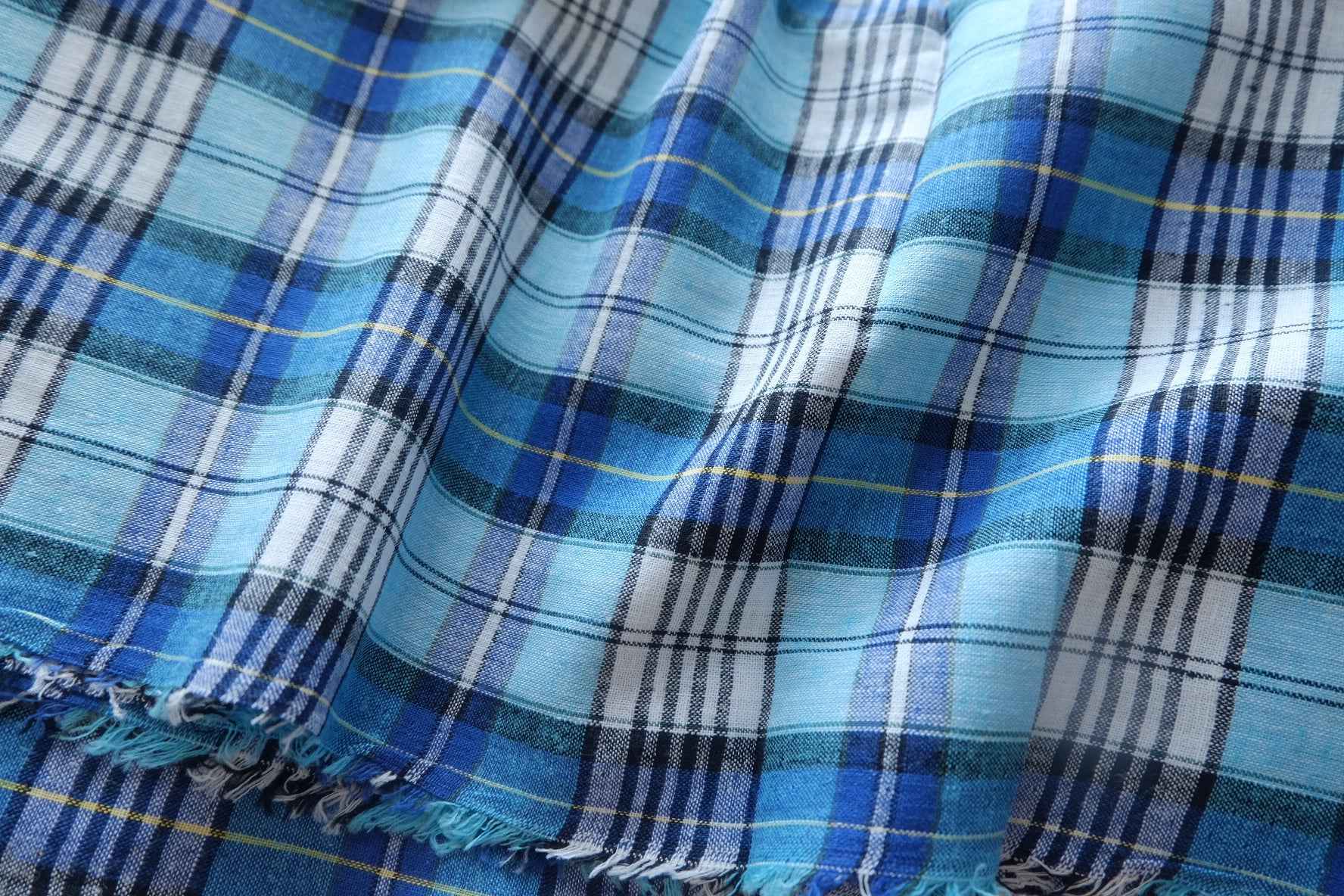 Blue Plaid Linen-Cotton Fabric - 2.19 yd