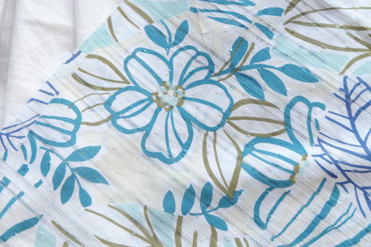 Blue Botanical Textured Cotton Jacquard – 2.2 yd