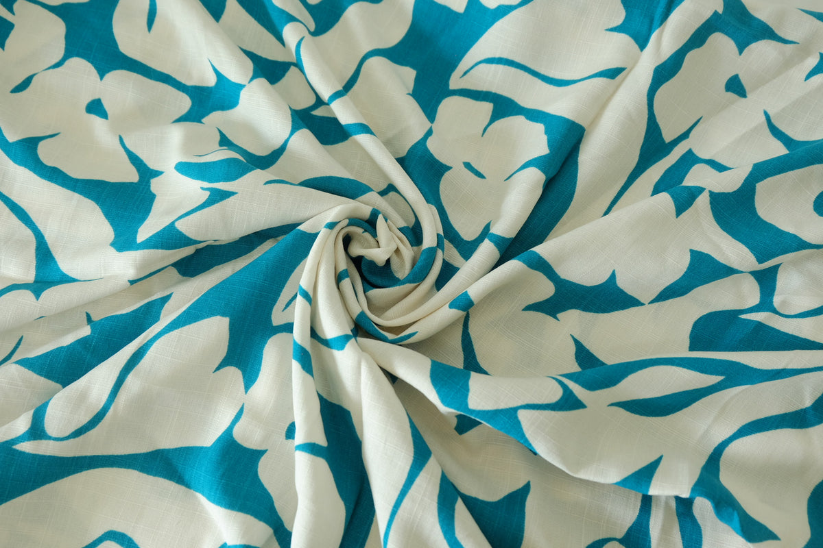 Teal Abstract Floral Linen Cotton – 3.3 yd