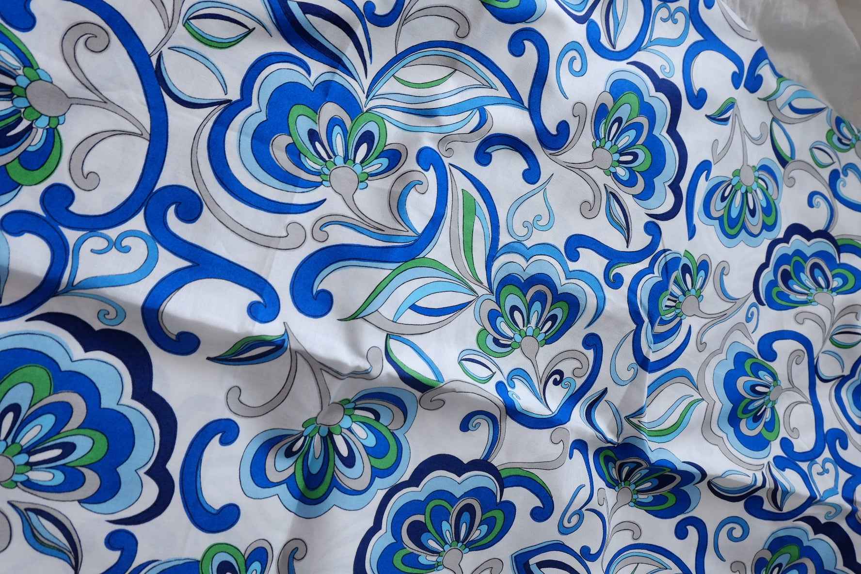 Blue Mod Floral Designer Deadstock Cotton Fabric - 1.64 Yards