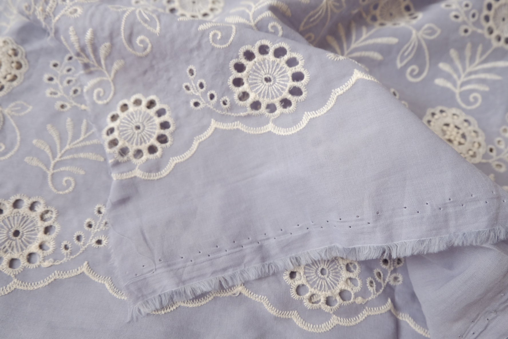 Blue Embroidered Eyelet Cotton Blend with Scalloped Edge, 2.19 Yards