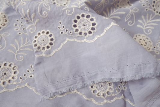 Blue Embroidered Eyelet Cotton Blend with Scalloped Edge, 2.19 Yards