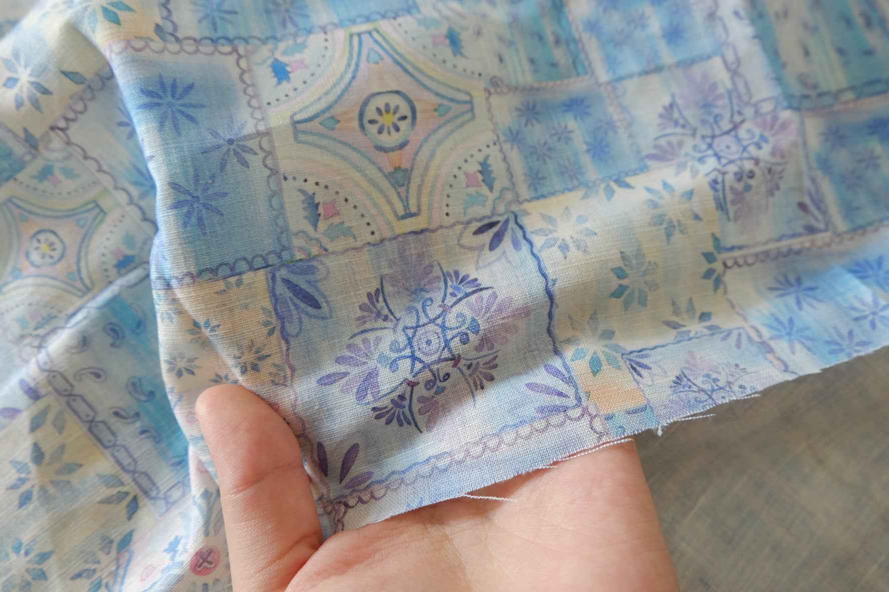 Blue Mosaic Patchwork Lyocell Linen Fabric, 1.64 Yards