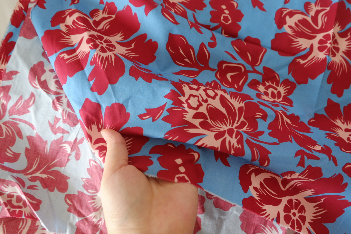 Sky Blue Scarlet Floral Cotton Poplin – 1.1 yd