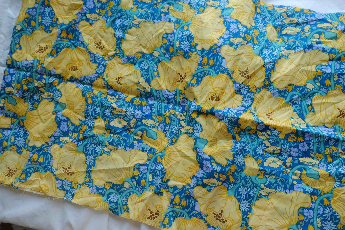 Yellow Poppies on Blue Cotton Lawn – 1.64 yd