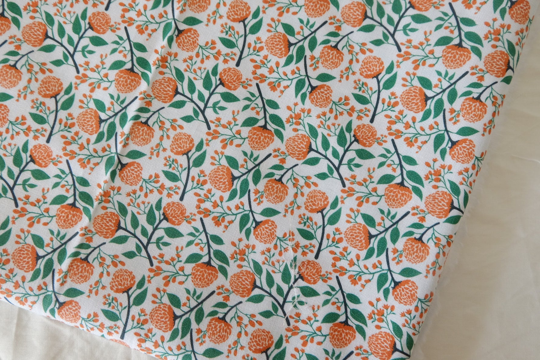 Orange Floral Berry  Branch Cotton Fabric - 2.2 yd