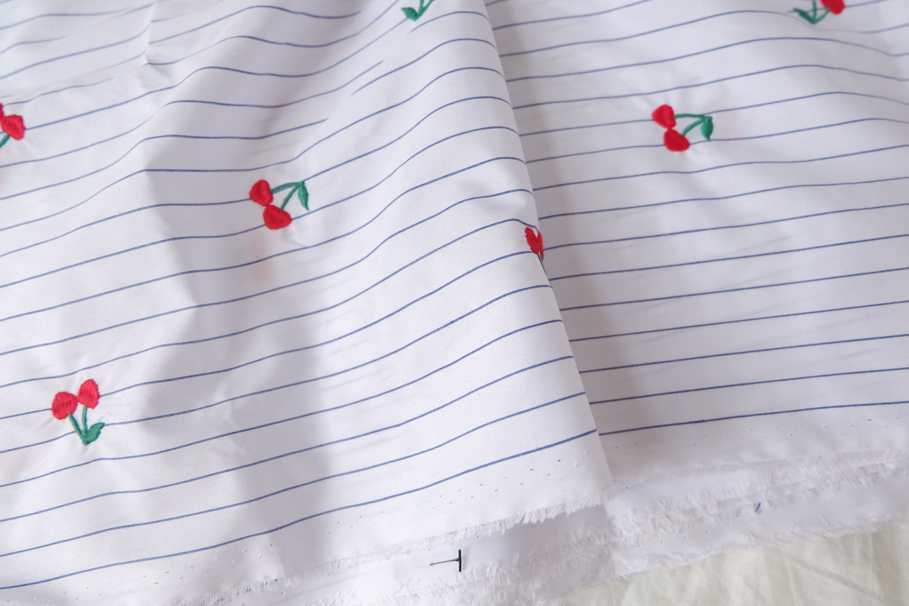 Cherry Embroidered Striped Cotton Fabric 1.6 Yards