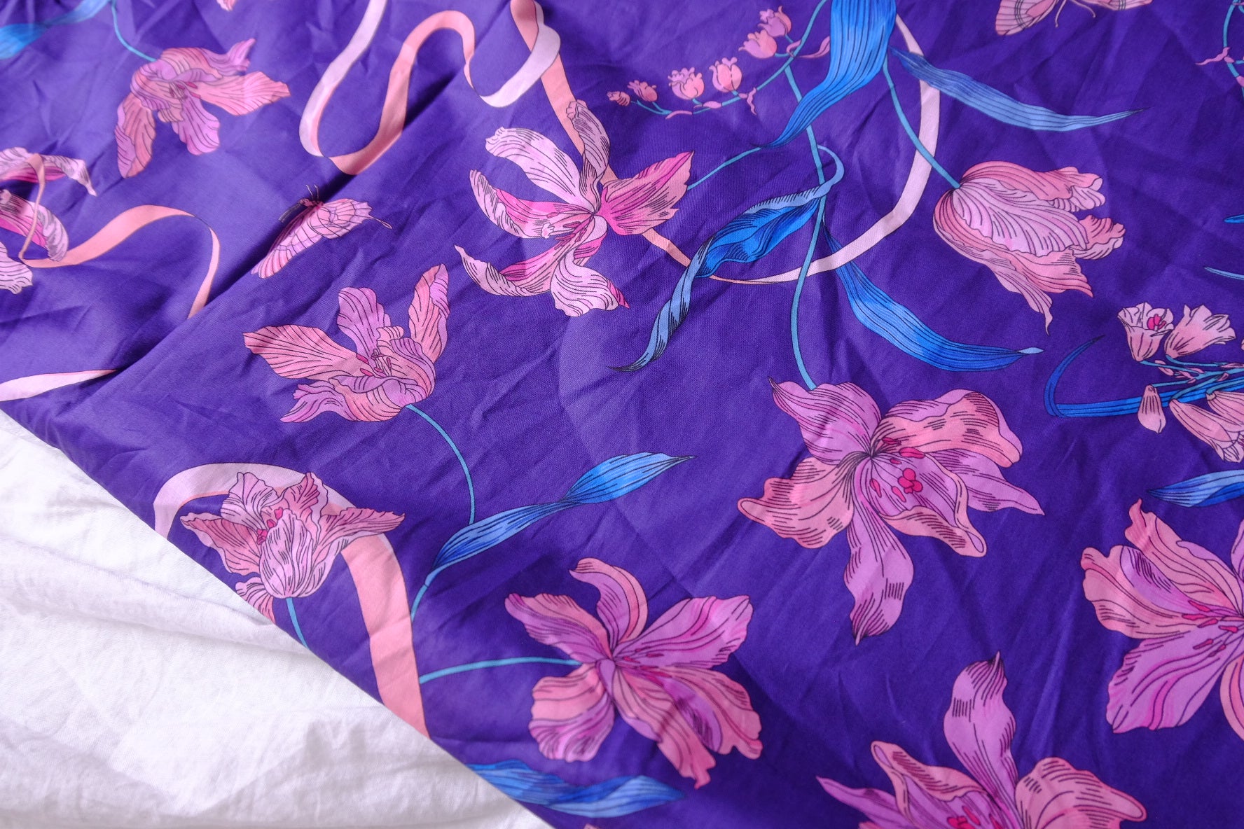Purple Lily Ribbon Cotton Lawn Fabric - 3.28 yd