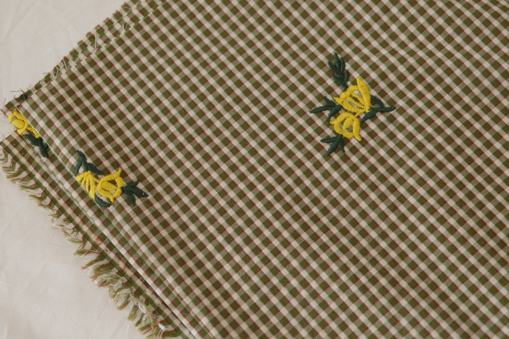 Embroidered Olive Gingham Cotton Fabric – Yellow Floral Detail – 1.1 yd