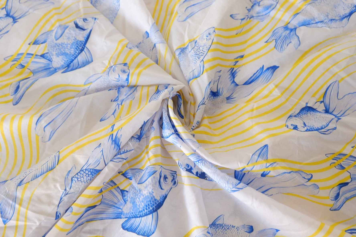 Blue Koi Fish & Yellow Waves Cotton Lawn Fabric – 2.5 yd