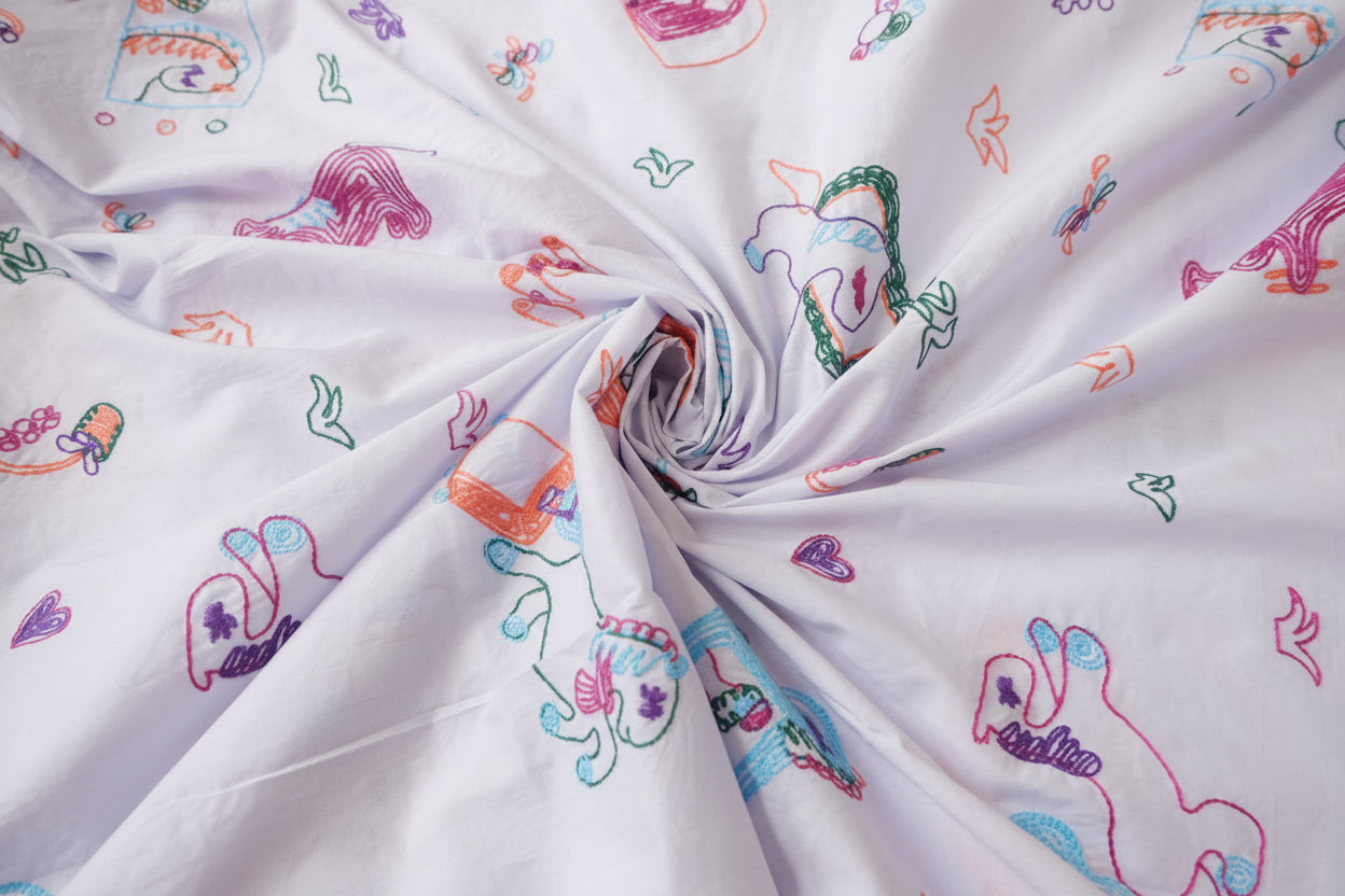 Playful Embroidered Cotton Poplin Fabric, 2.19 Yards