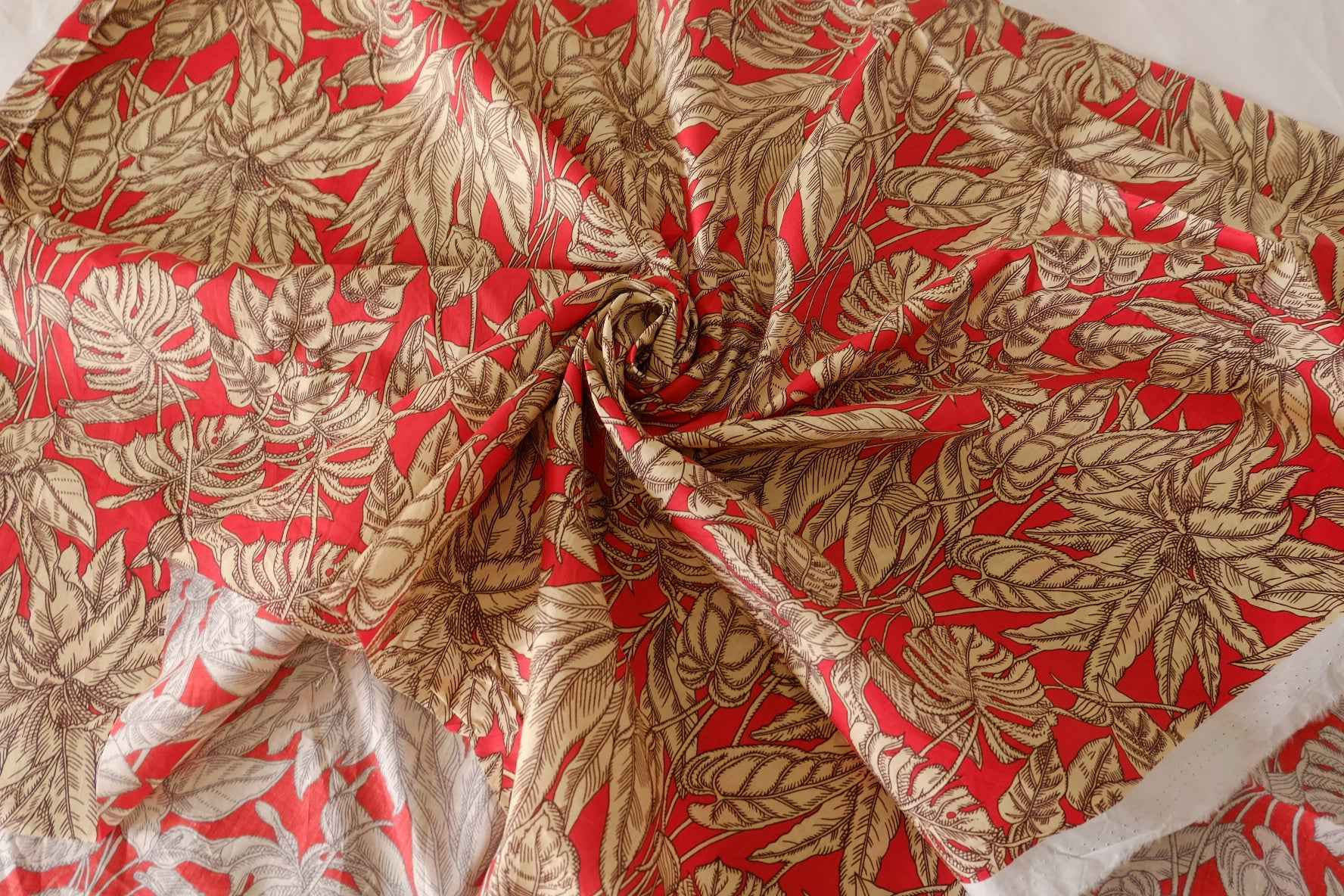 Red Tropical Leaf Cotton Lawn Fabric – 1.2 yd