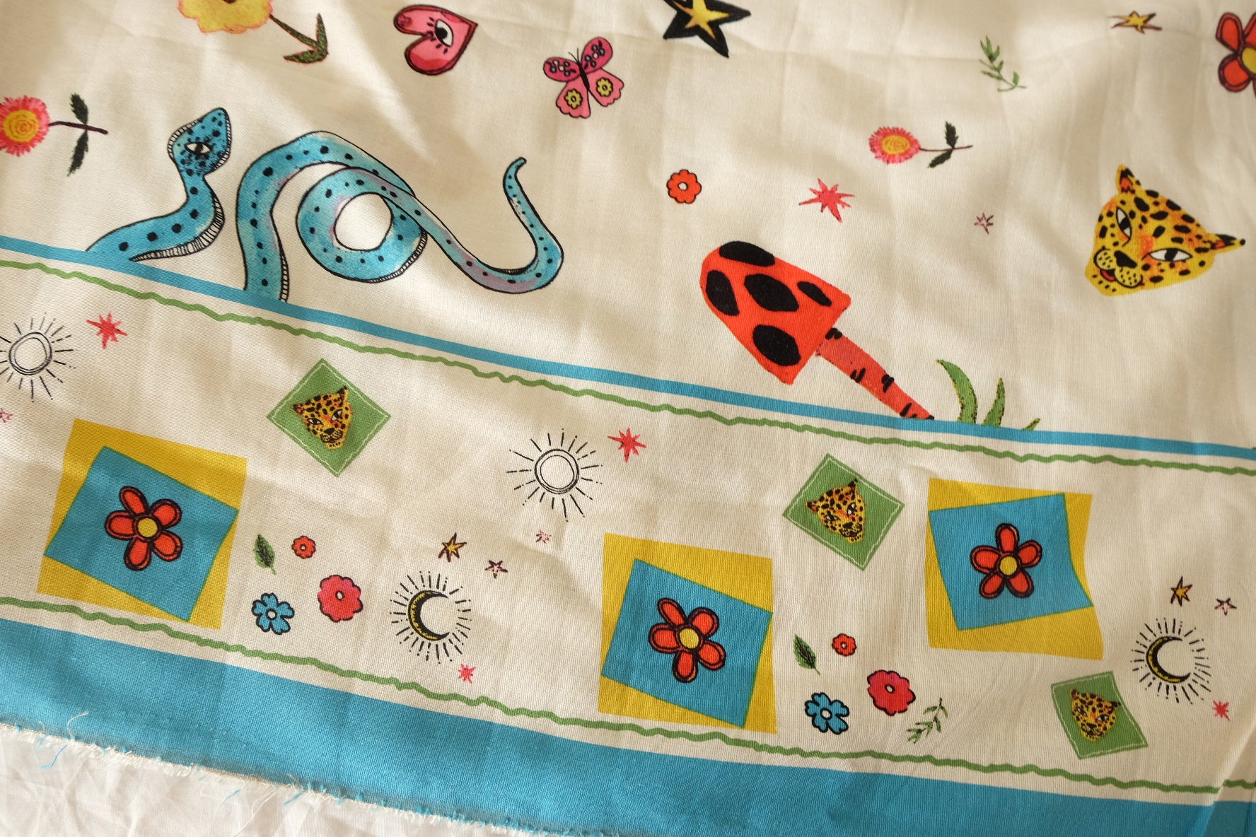 Whimsical Border Print Linen Cotton Fabric - 1.6 yd