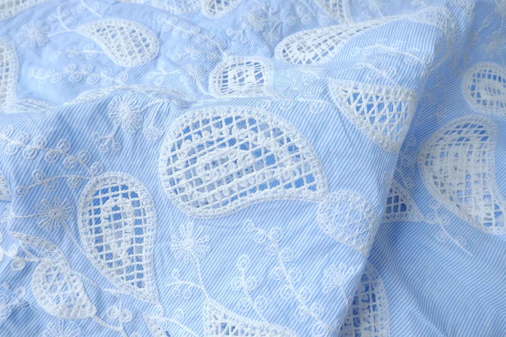 Yarn-Dyed Striped Cotton with Cutwork Embroidery, Blue and White, 2.08 Yards