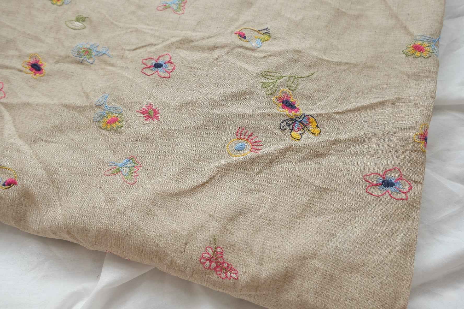 Embroidered Linen Rayon Blend Fabric, Whimsical Floral Motifs for Spring Summer Sets, 1.64 Yards