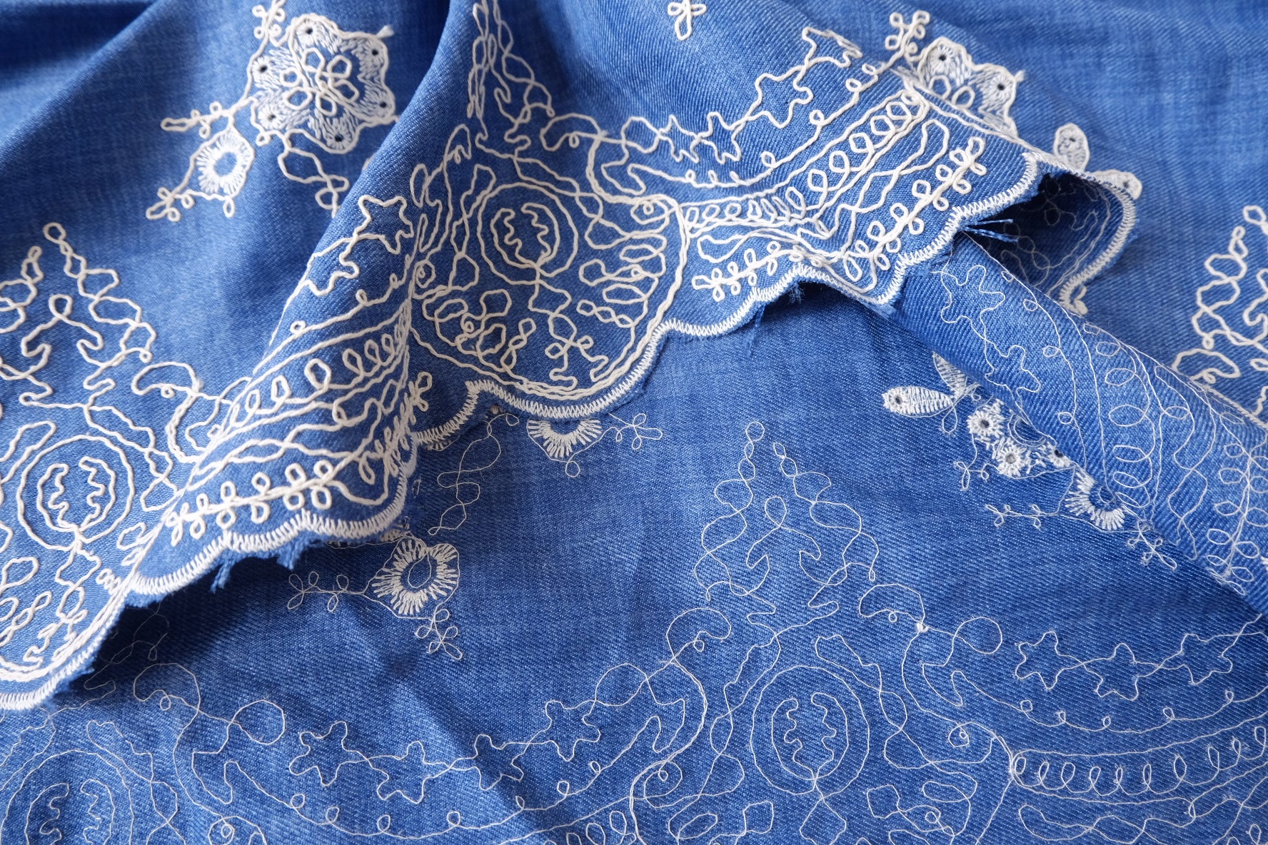 Blue Border Embroidered Lyocell Cotton Denim, 1.6 Yards