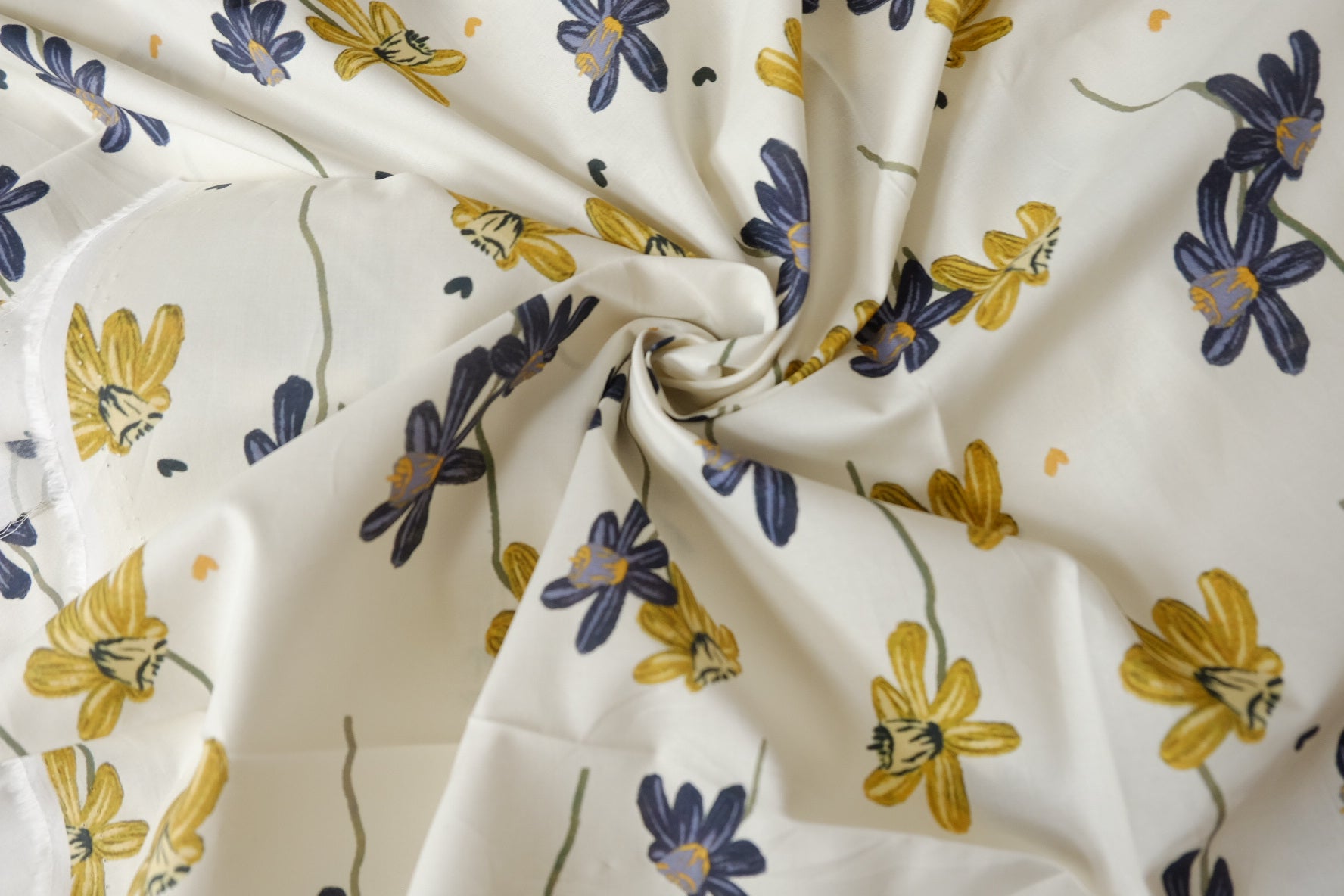 Hand-Drawn Yellow & Navy Floral Cotton Lawn Fabric - 3.28 yd