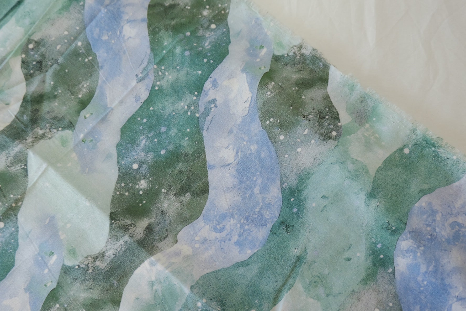 Abstract Watercolor Cotton Fabric – Green Blue Wave Print (2 yd Cut)