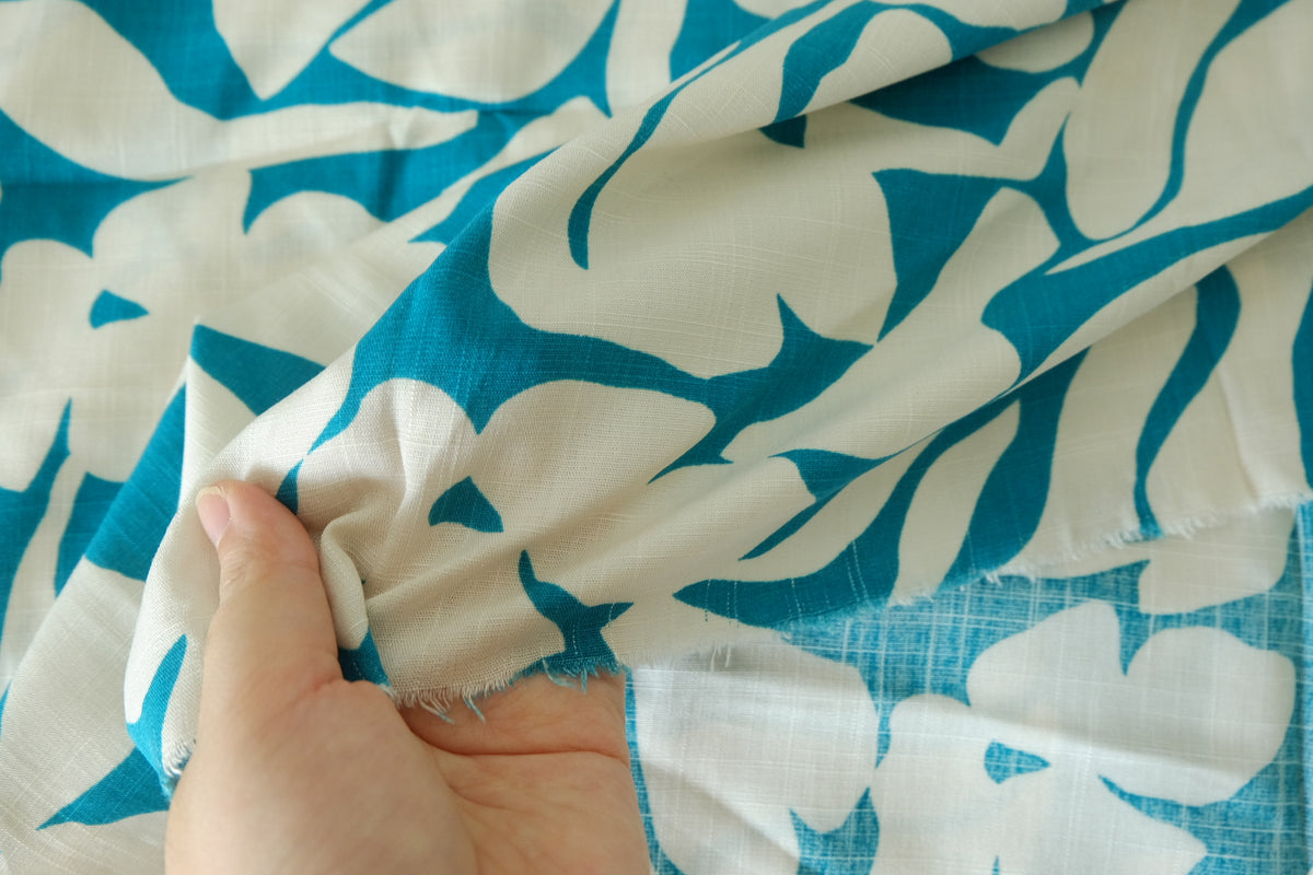 Teal Abstract Floral Linen Cotton – 3.3 yd