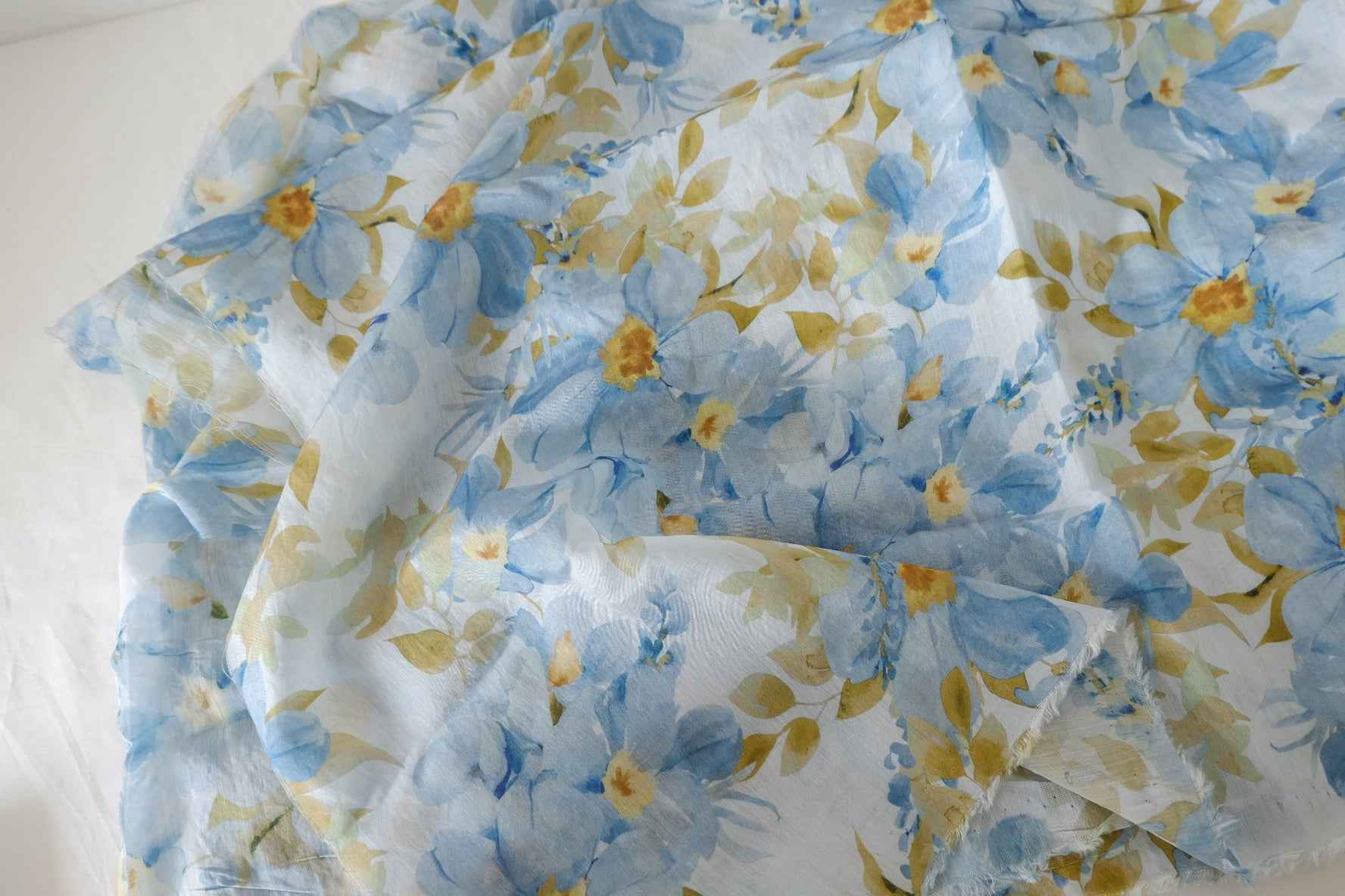 Blue Watercolor Floral Tencel Linen Blend Fabric – 5 yd
