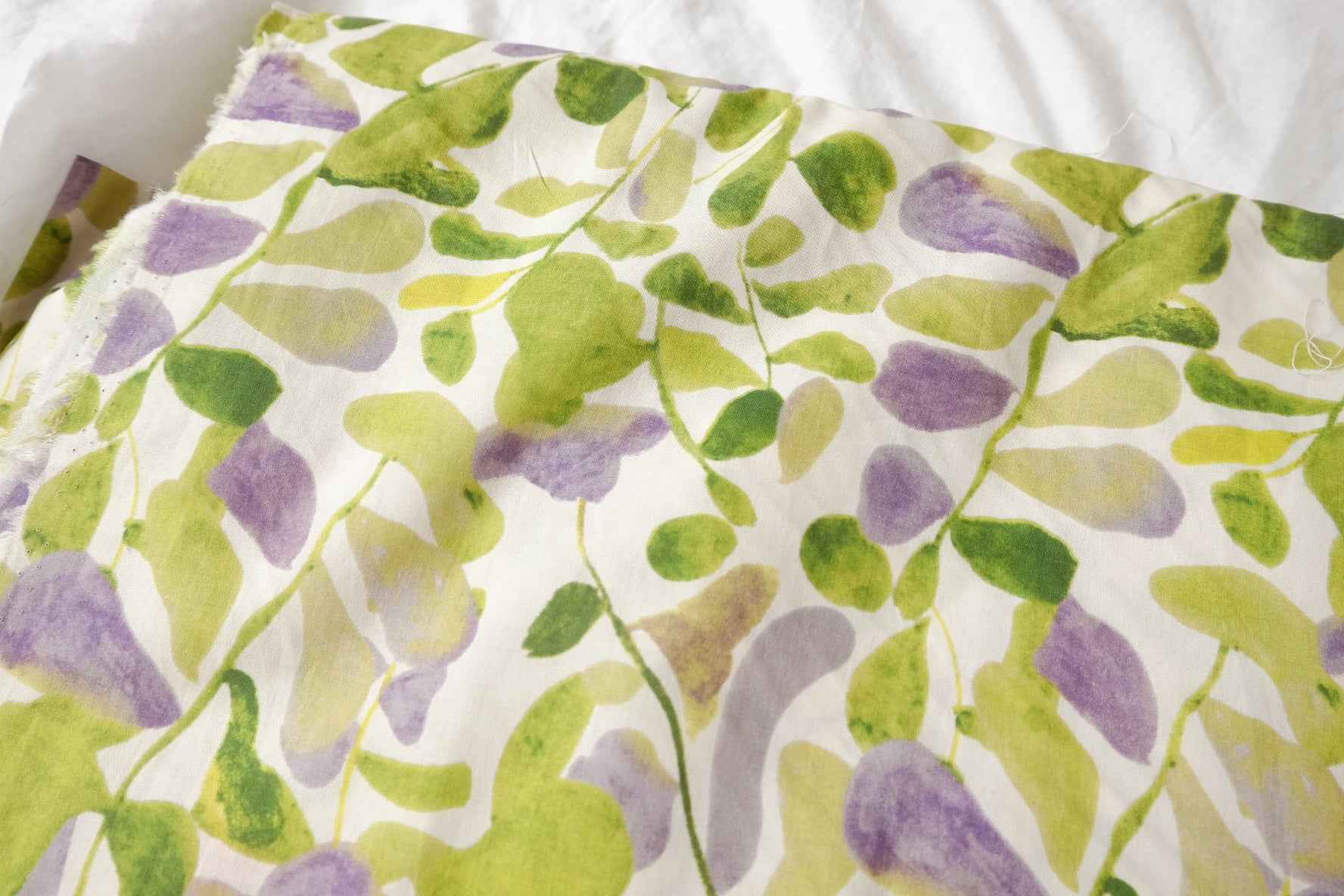 Lightweight Cotton Poplin Fabric, Watercolor Green and Lilac Botanical Print, 1.64 Yards