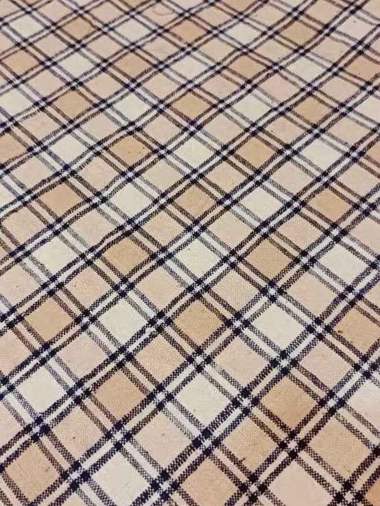 Vintage Unused Purple Cotton Check Fabric Southern | Natural Khaki Handwoven Cloth | 2.4m