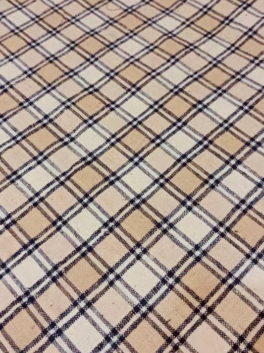 Vintage Unused Purple Cotton Check Fabric Southern | Natural Khaki Handwoven Cloth | 2.4m