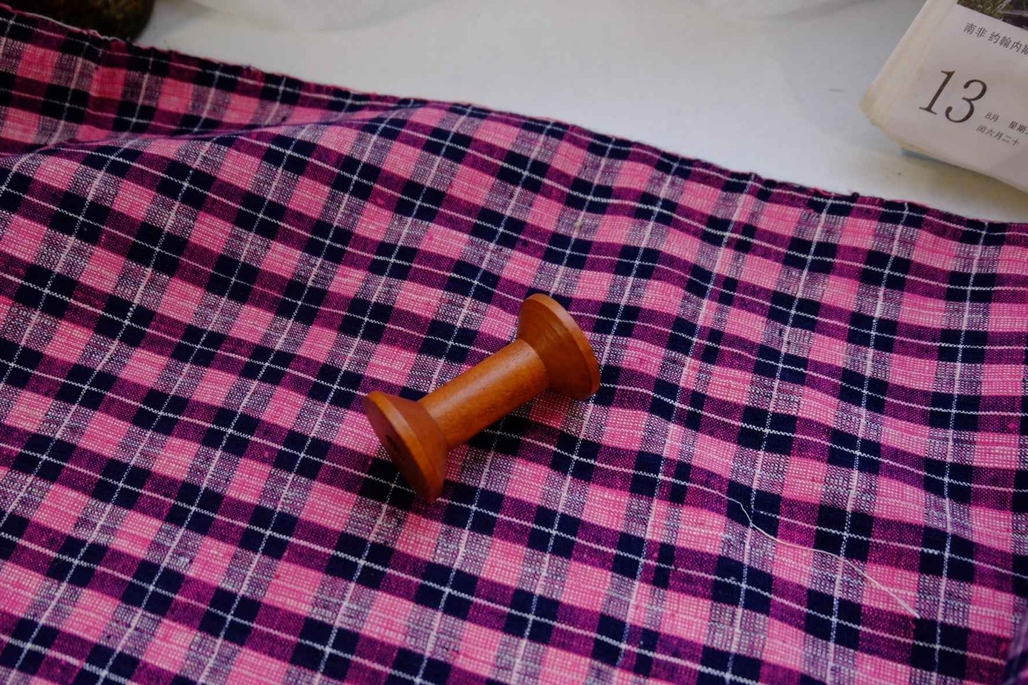 A004 Peach Noir: Northern Check Tǔbù with Dotted Accents - 45cm Width - BUBBO