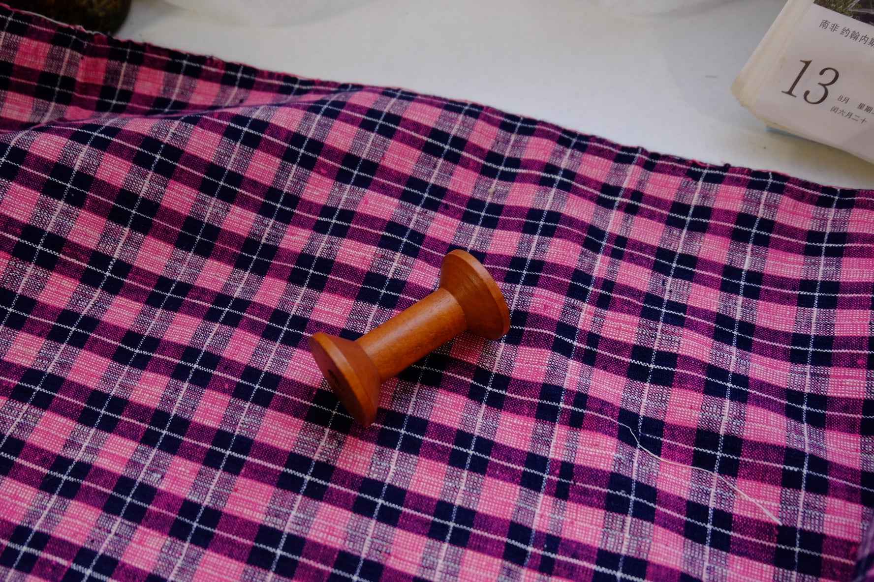 A004 Peach Noir: Northern Check Tǔbù with Dotted Accents - 45cm Width - BUBBO