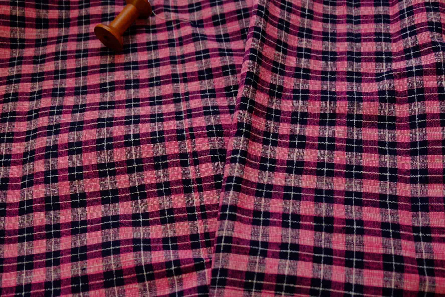 A004 Peach Noir: Northern Check Tǔbù with Dotted Accents - 45cm Width - BUBBO