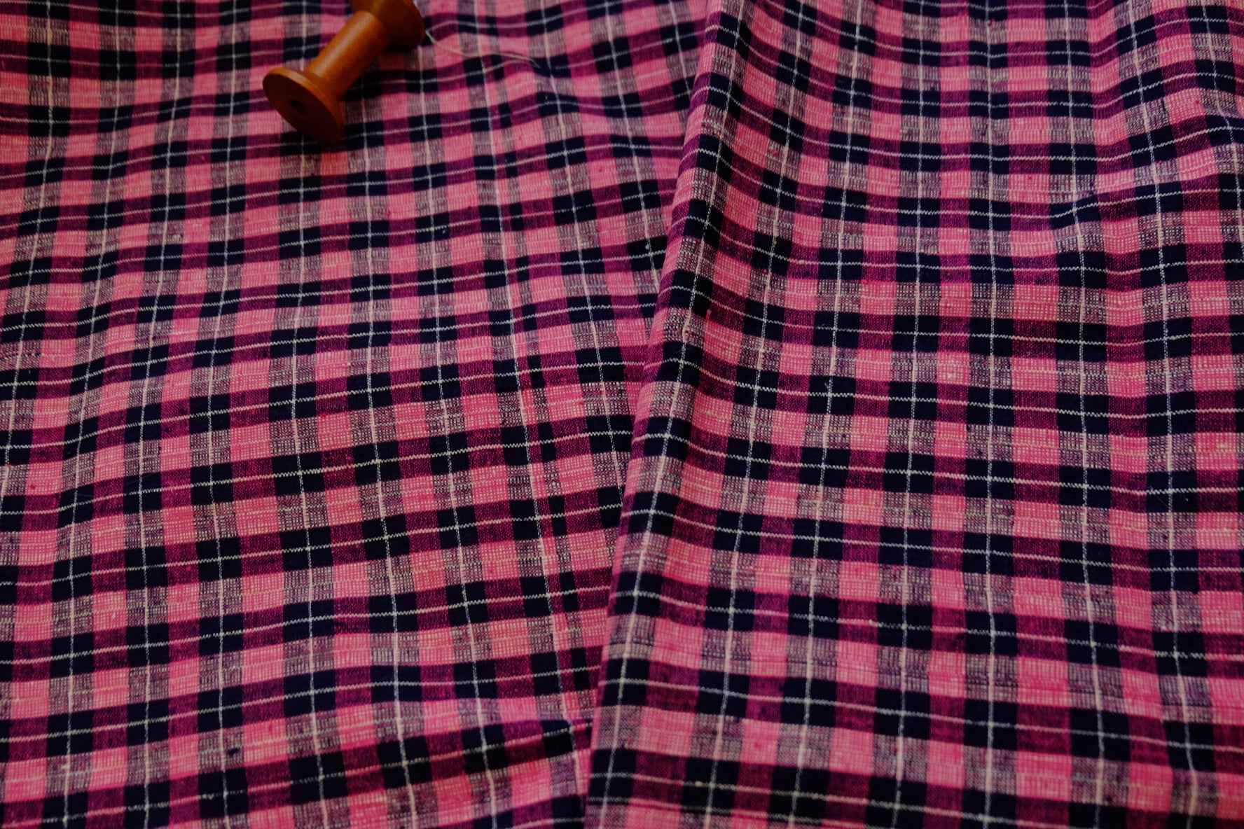 A004 Peach Noir: Northern Check Tǔbù with Dotted Accents - 45cm Width - BUBBO