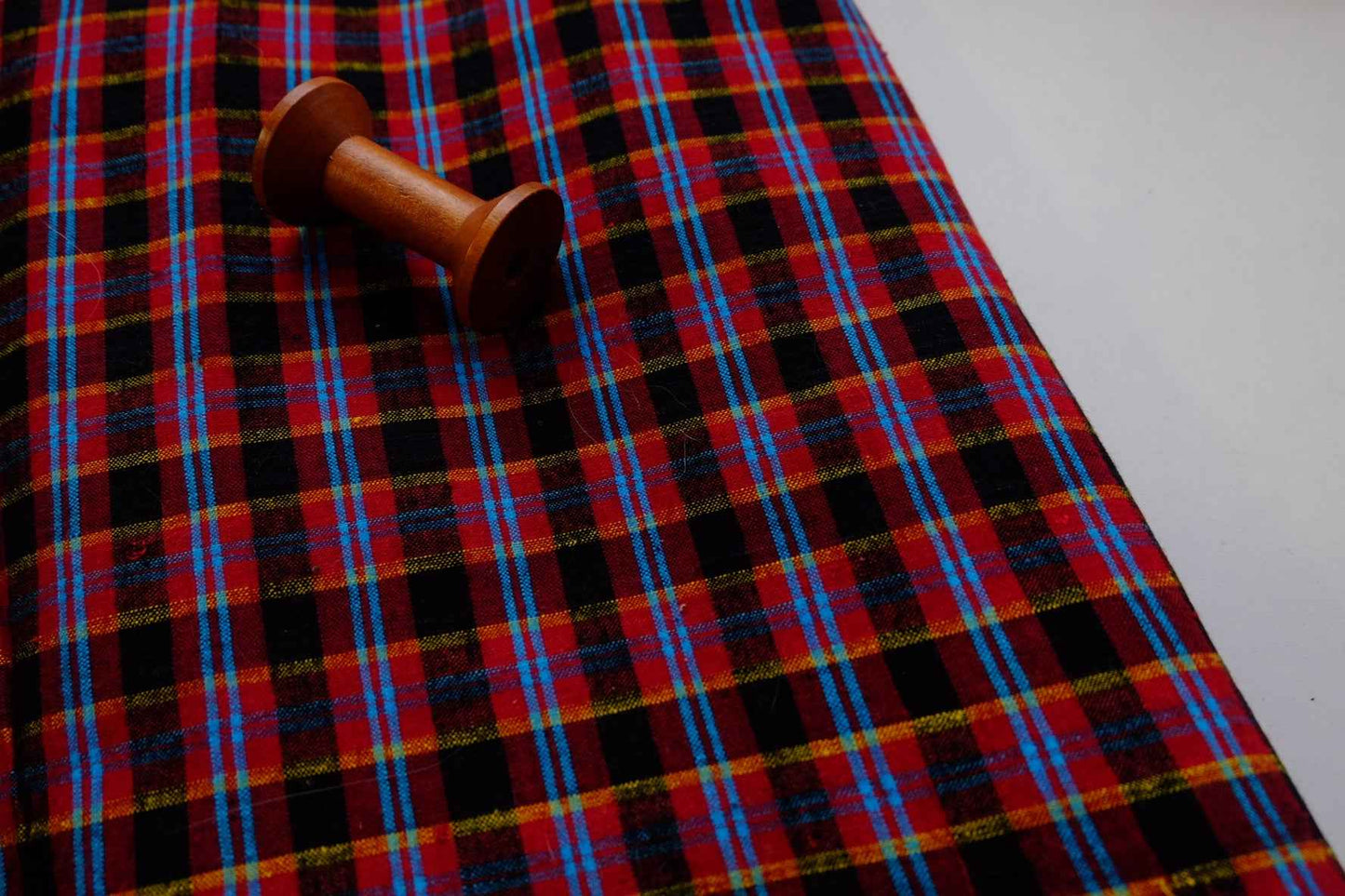 A005 Crimson Dynasty: Northern Check Tǔbù with Sapphire & Gold Accents - 50cm Width - BUBBO