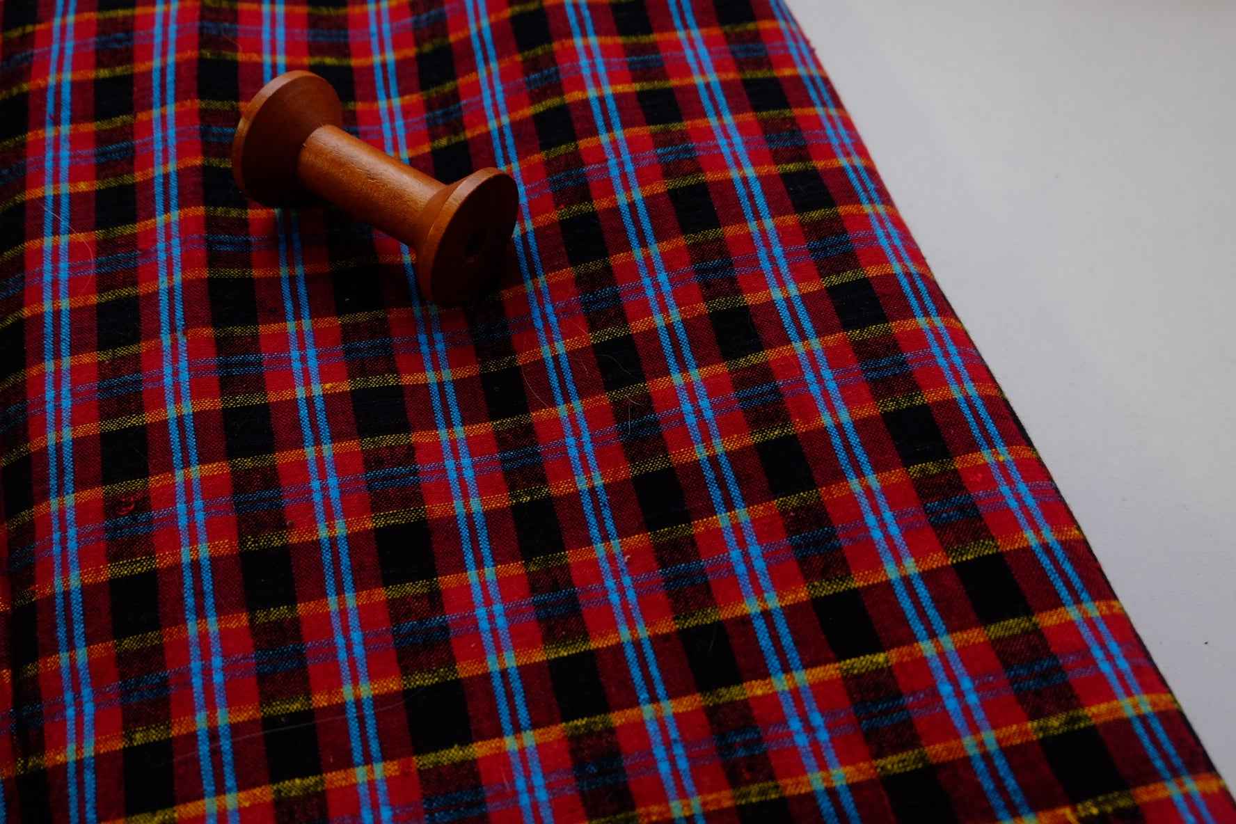 A005 Crimson Dynasty: Northern Check Tǔbù with Sapphire & Gold Accents - 50cm Width - BUBBO