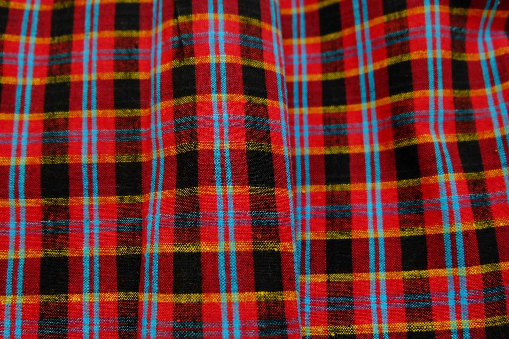 A005 Crimson Dynasty: Northern Check Tǔbù with Sapphire & Gold Accents - 50cm Width - BUBBO