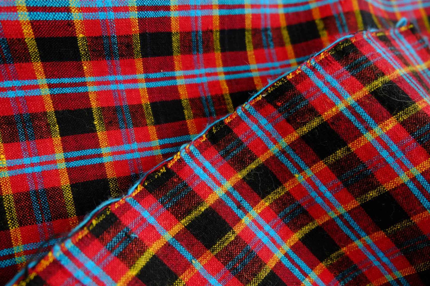 A005 Crimson Dynasty: Northern Check Tǔbù with Sapphire & Gold Accents - 50cm Width - BUBBO