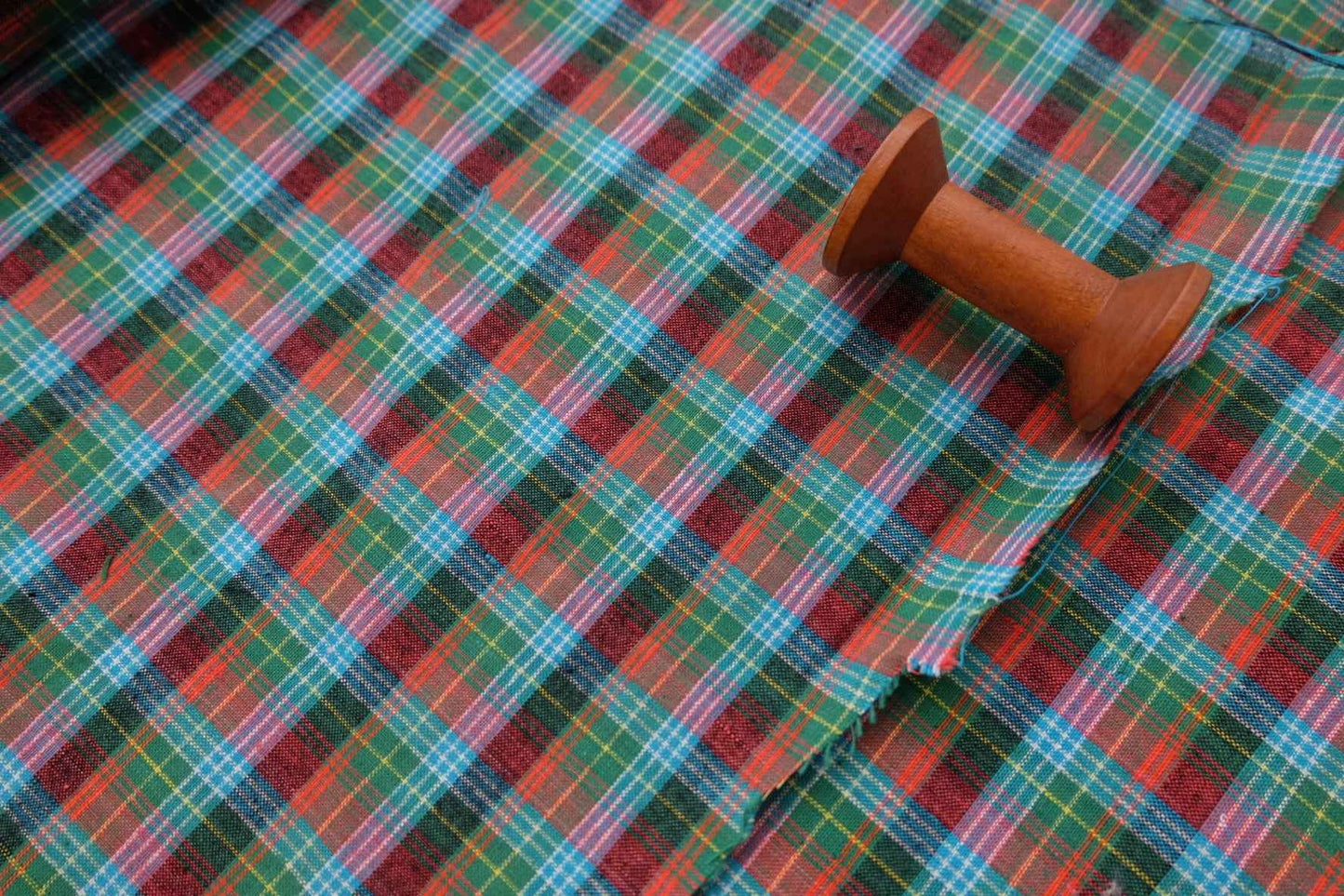 A009 Lagoon Sunrise: Northern Check Tǔbù in Teal & Tangerine - 53cm Width - BUBBO