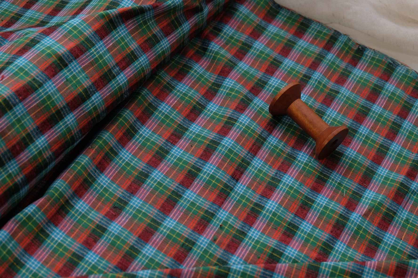 A009 Lagoon Sunrise: Northern Check Tǔbù in Teal & Tangerine - 53cm Width - BUBBO