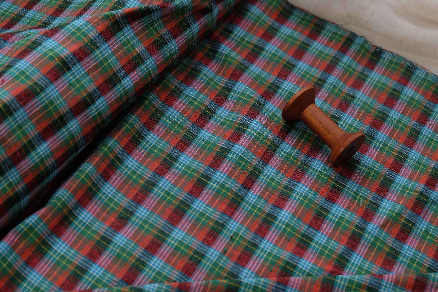 A009 Lagoon Sunrise: Northern Check Tǔbù in Teal & Tangerine - 53cm Width - BUBBO