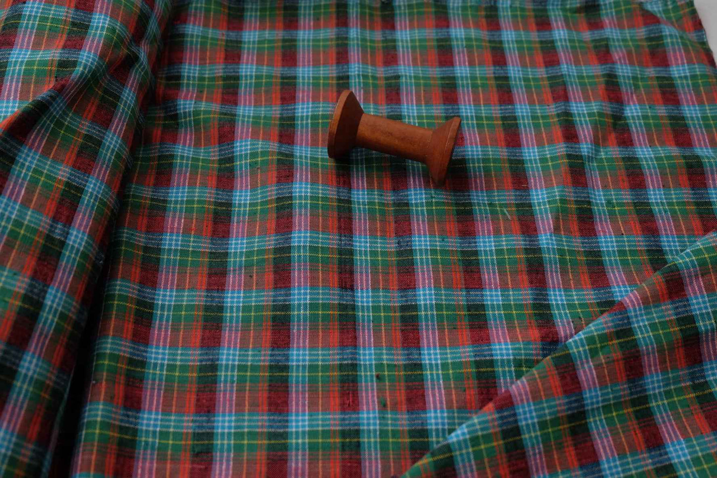 A009 Lagoon Sunrise: Northern Check Tǔbù in Teal & Tangerine - 53cm Width - BUBBO