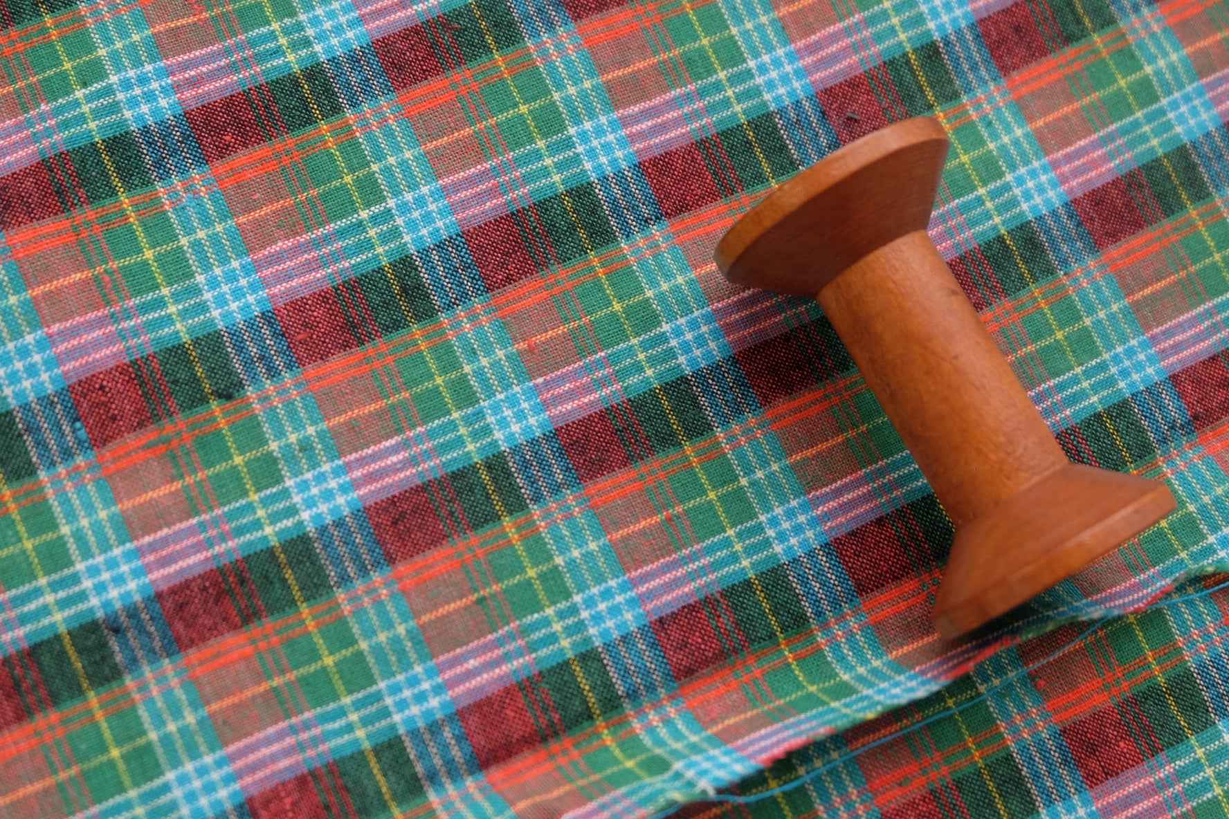 A009 Lagoon Sunrise: Northern Check Tǔbù in Teal & Tangerine - 53cm Width - BUBBO