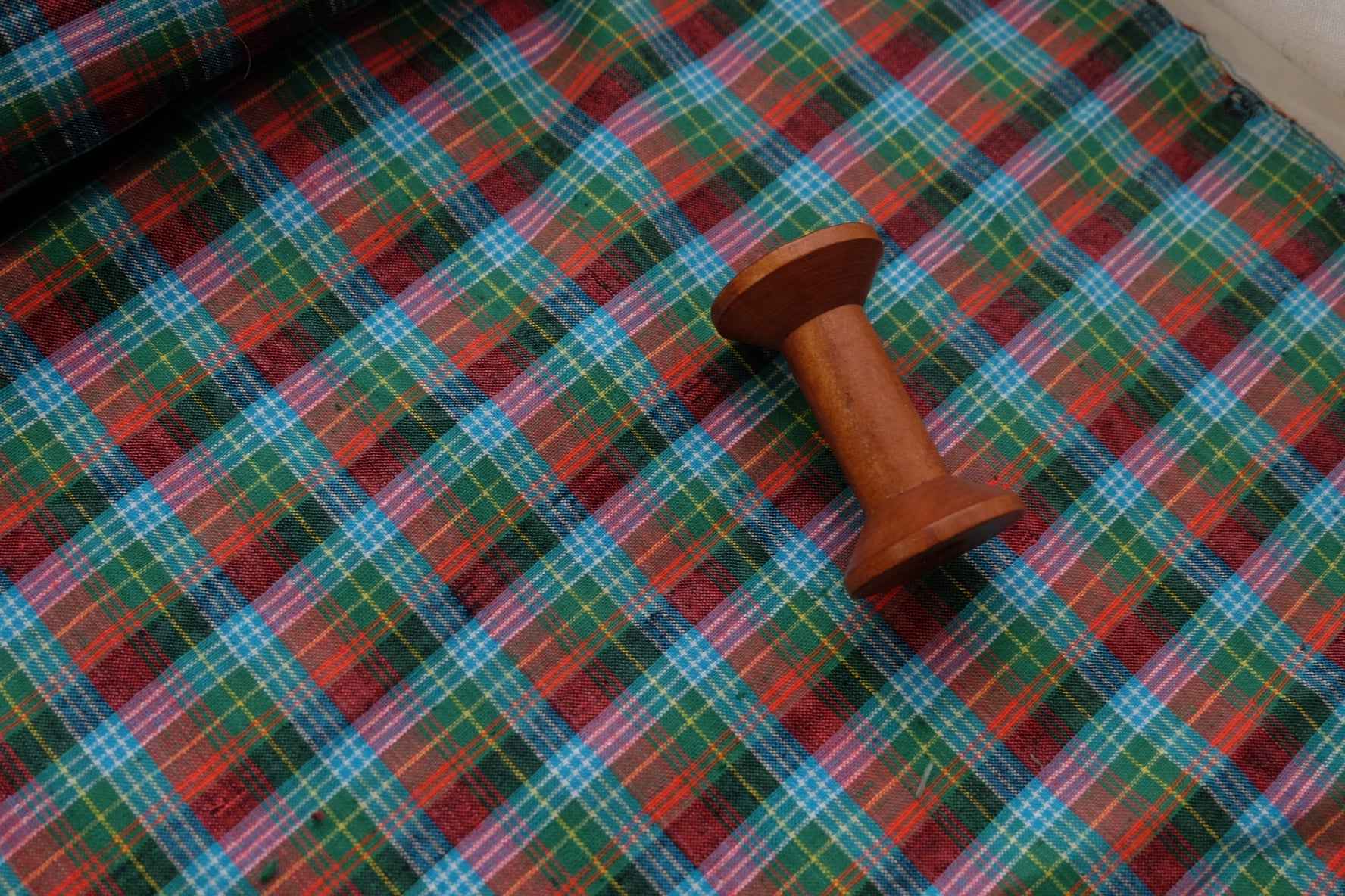 A009 Lagoon Sunrise: Northern Check Tǔbù in Teal & Tangerine - 53cm Width - BUBBO