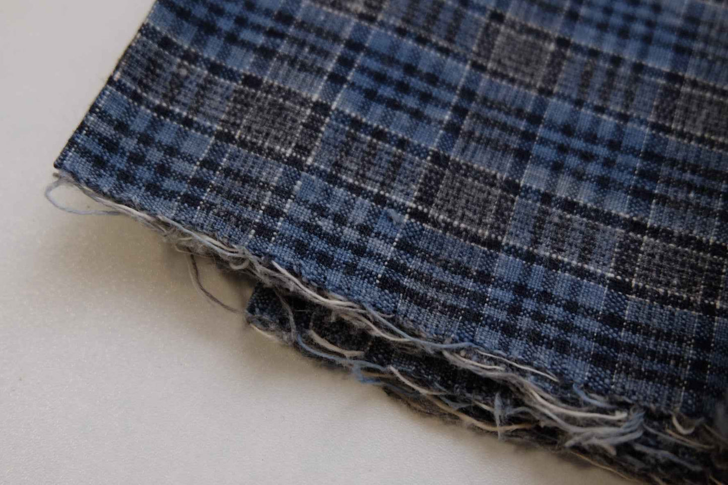 A014 Ash - Blue Check: Plant Ash Dyed Tǔbù with Special Loom's Head - 33cm Width - BUBBO