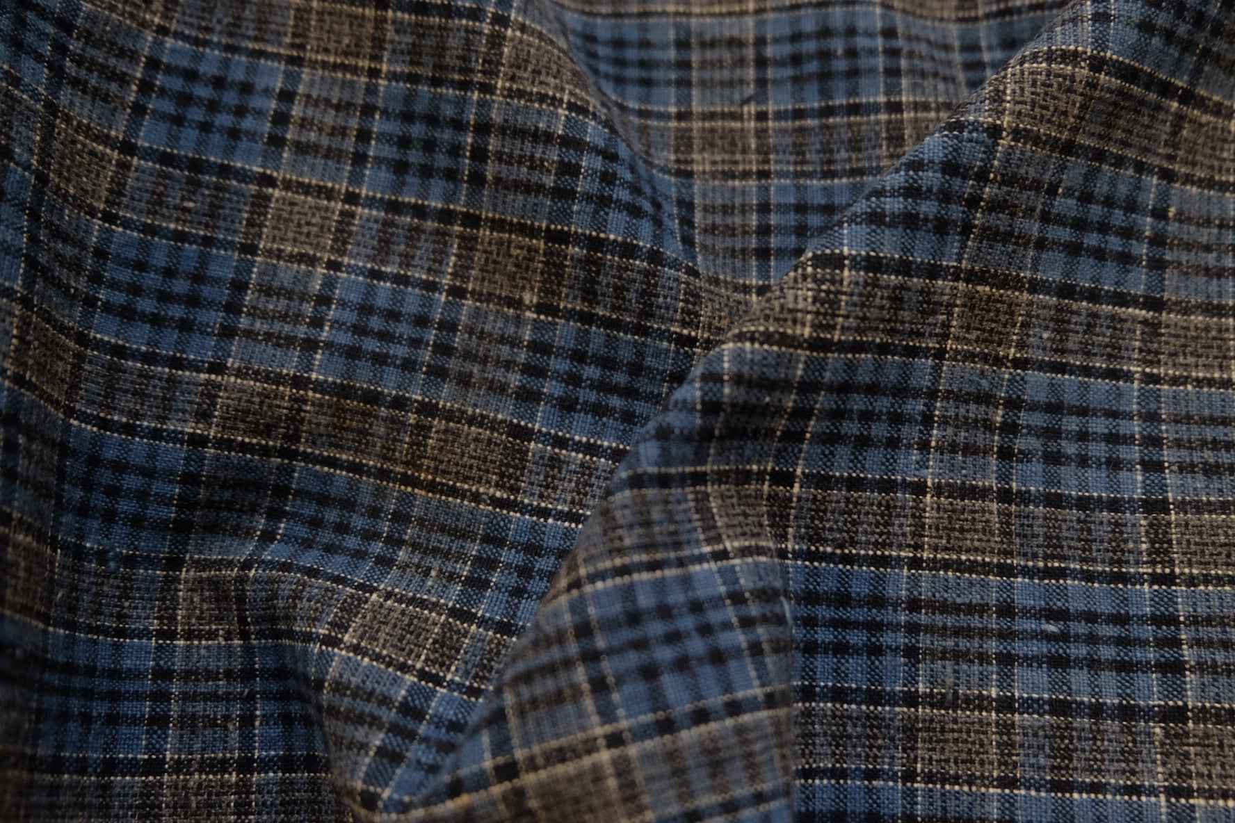 A014 Ash - Blue Check: Plant Ash Dyed Tǔbù with Special Loom's Head - 33cm Width - BUBBO