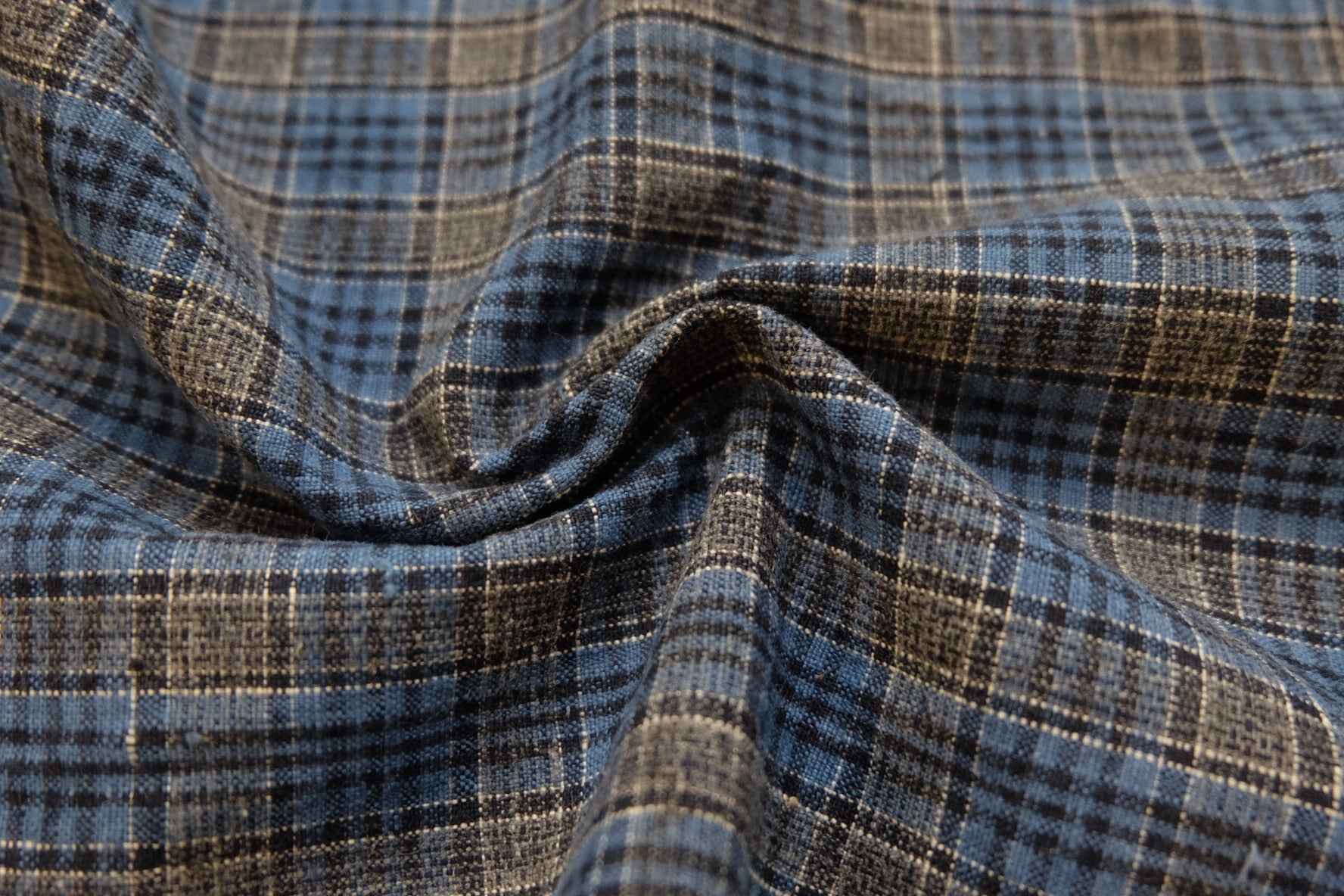 A014 Ash - Blue Check: Plant Ash Dyed Tǔbù with Special Loom's Head - 33cm Width - BUBBO