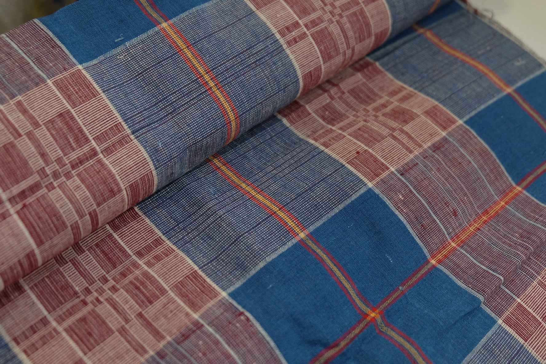 A020 Northern Reed Check: Bold Blue & Red Geometric Tǔbù - 49cm Width - BUBBO