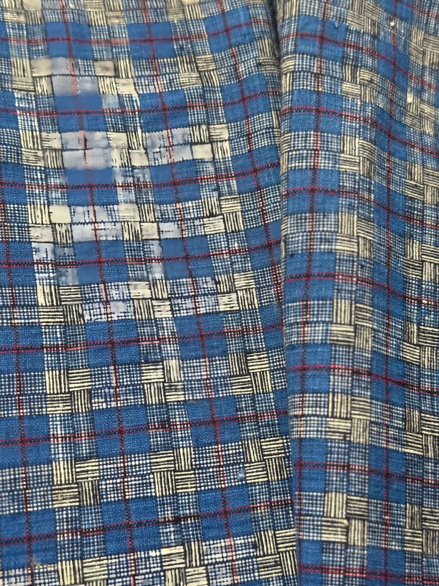 A036 Indigo Matrix: Southern Tǔbù with Crimson Grid & Reed Pattern - 30cm Width - BUBBO
