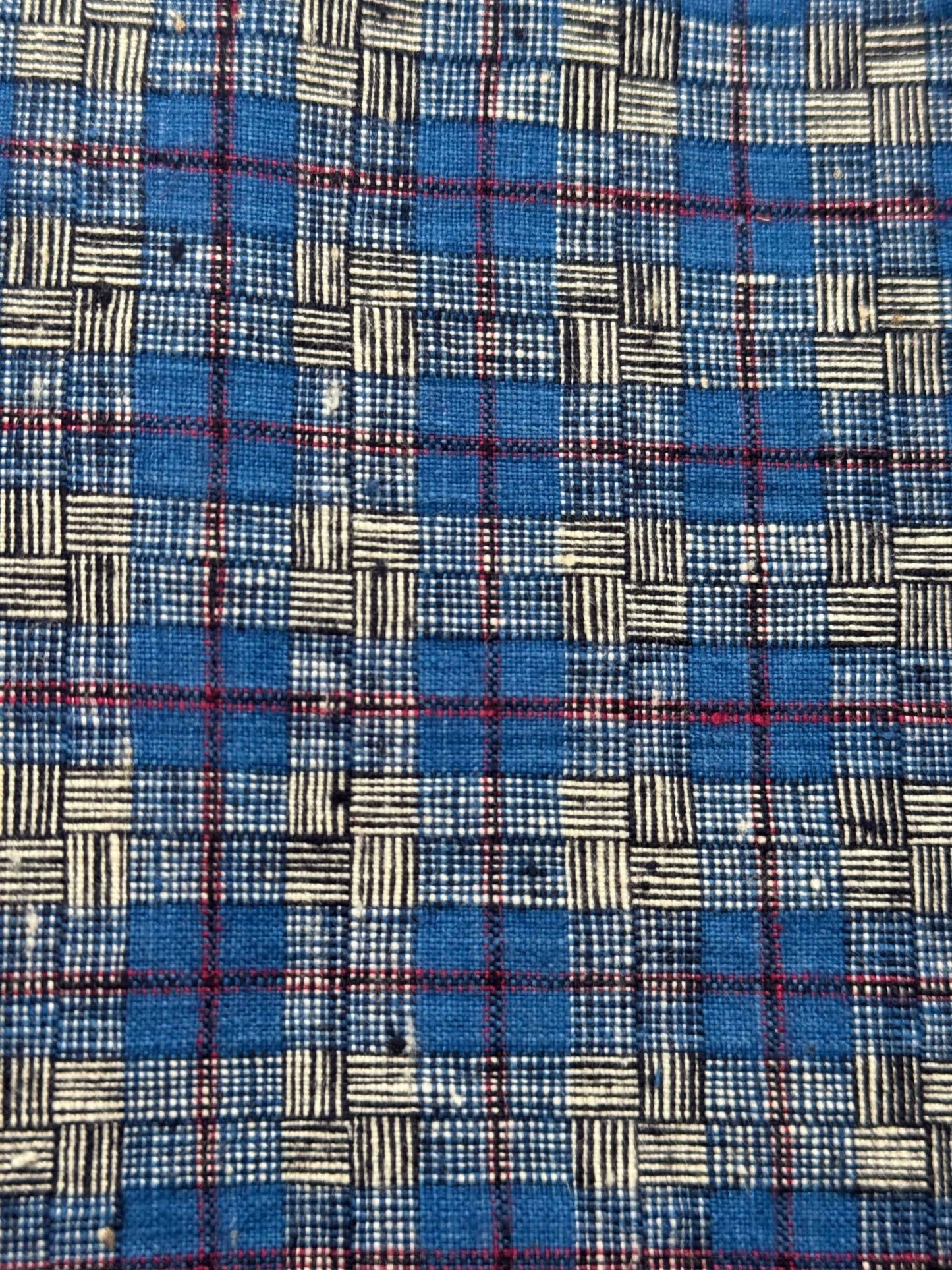 A036 Indigo Matrix: Southern Tǔbù with Crimson Grid & Reed Pattern - 30cm Width - BUBBO