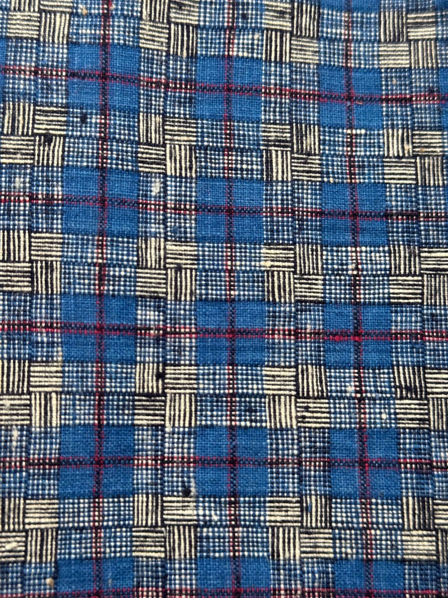 A036 Indigo Matrix: Southern Tǔbù with Crimson Grid & Reed Pattern - 30cm Width - BUBBO